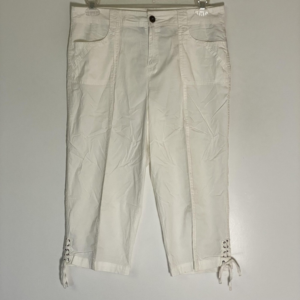 Khakis & Co Pants Womens 10 White Twill Capri Lace Up Hem Pockets Stretch